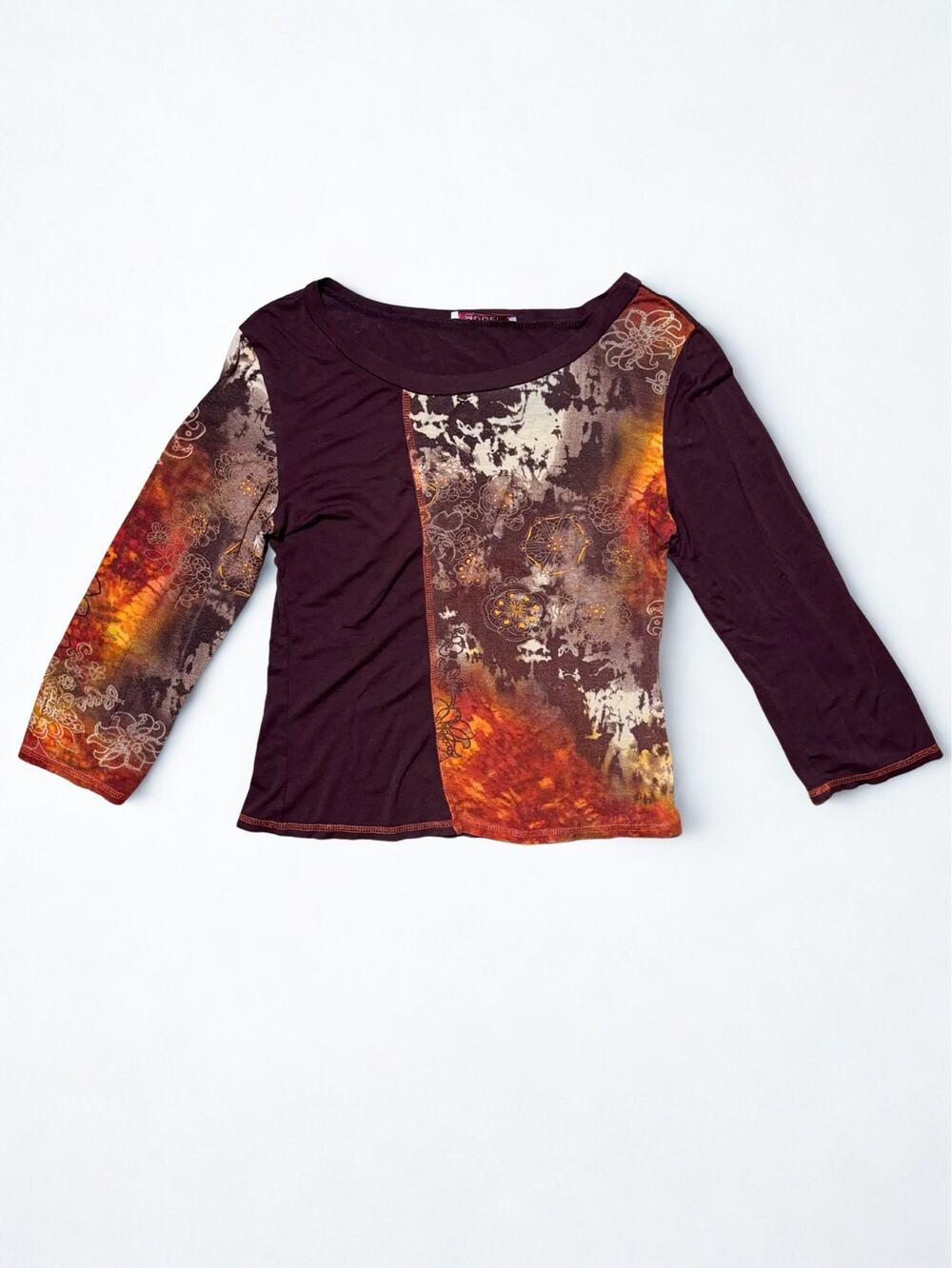 Vtg Y2K Model Brown Orange Tie Dye Contrast Panel Stitch Euro Boatneck Top